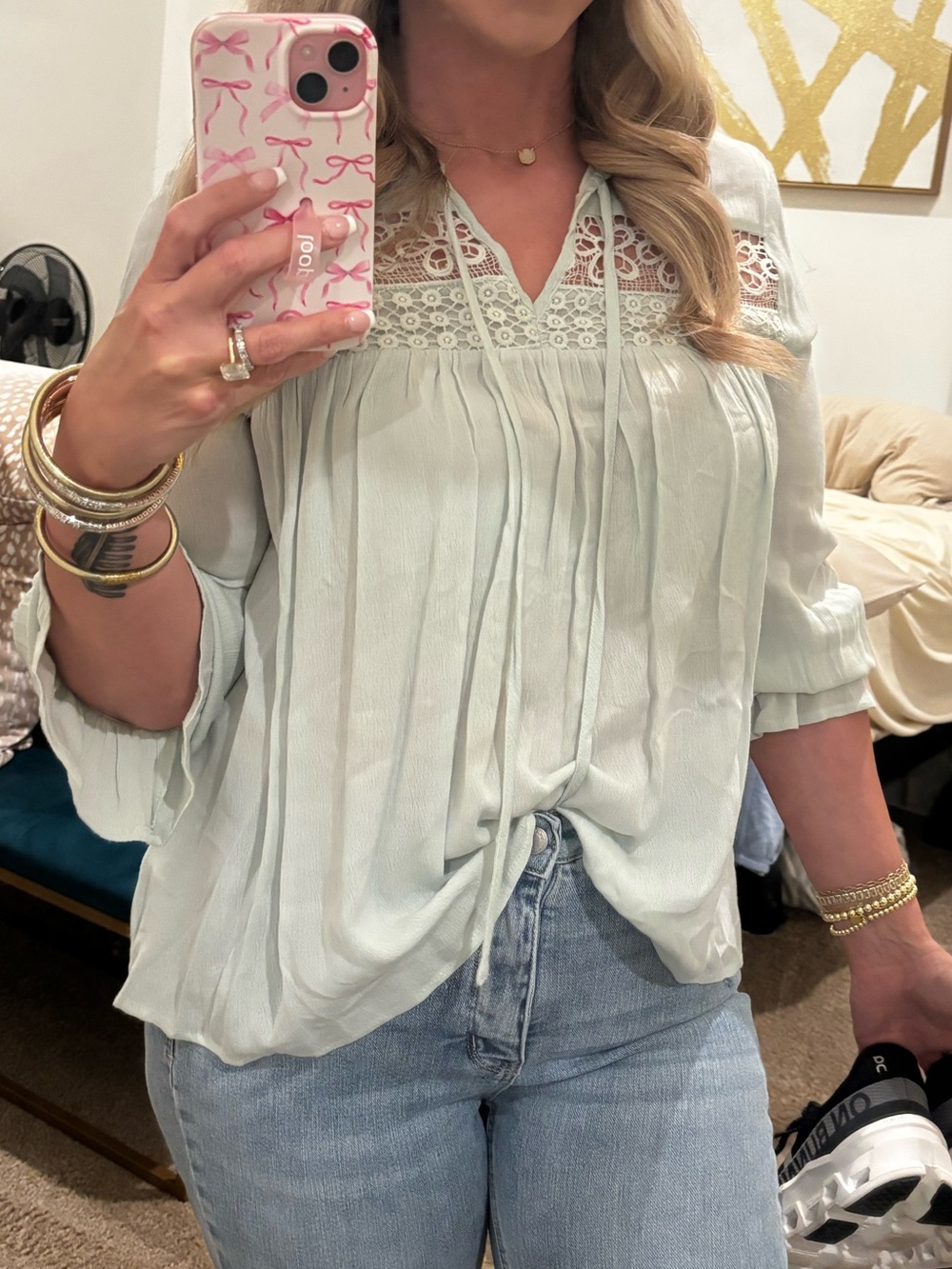 Entro Light Green Lace Accent Blouse - Picture 8 of 8